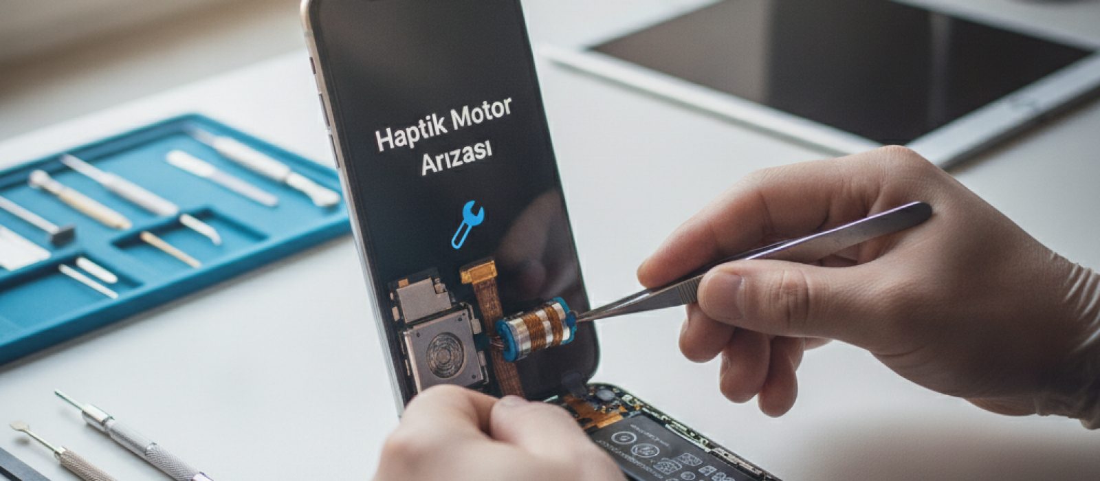 iPhone'un içindeki haptik motor bileşenini gösteren yakın çekim bir görüntü