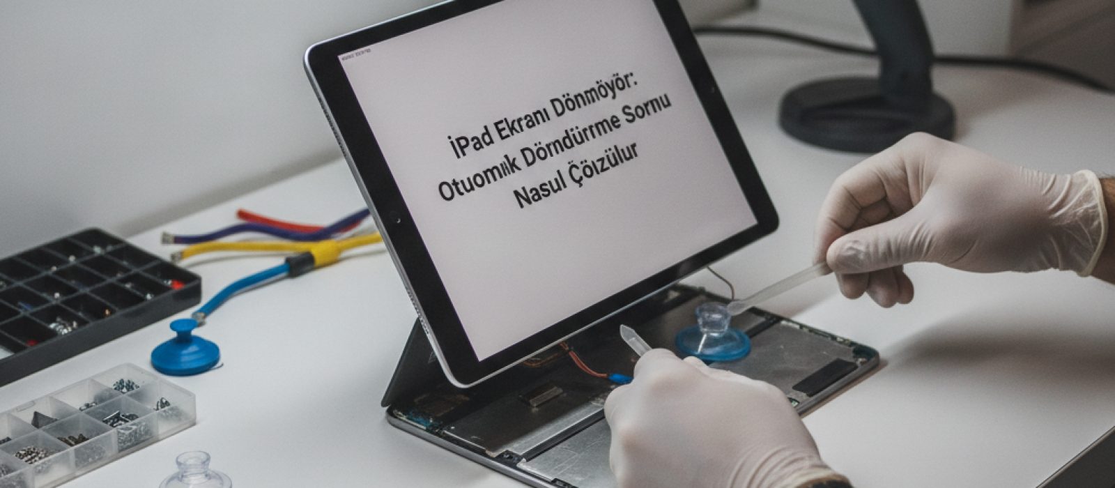 iPad ekranı dönmüyor sorunu için çözüm adımlarını gösteren bir görsel, döndürme kilidi simgesi vurgulanmış.