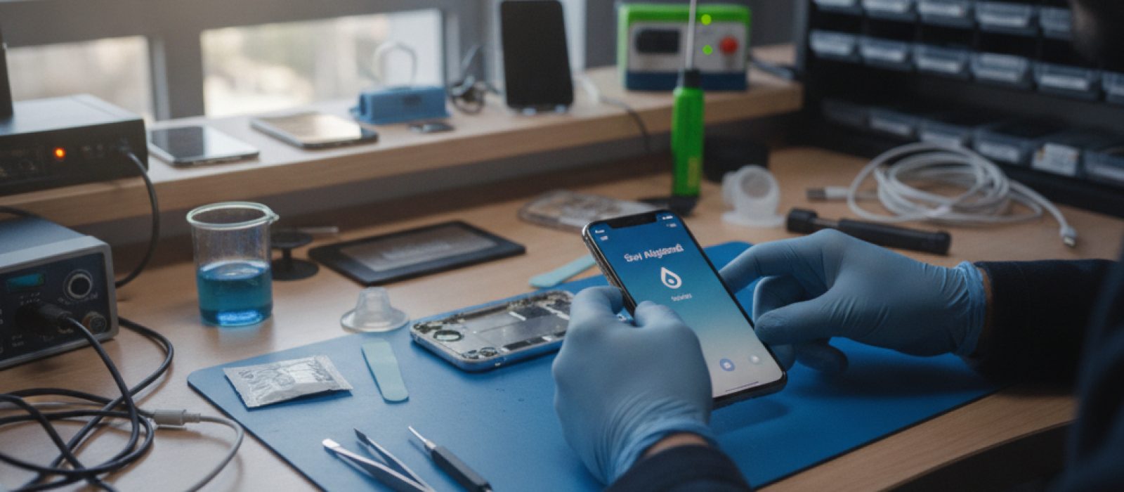 iPhone şarj portunda sıvı algılandı uyarısı gösteren ekran ve su damlaları