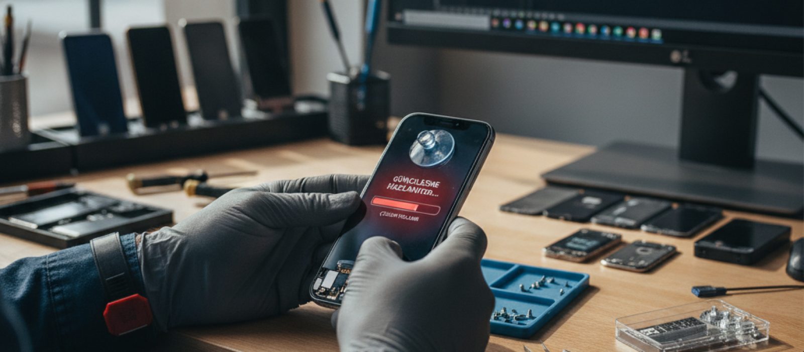 iPhone güncelleme hazırlığı ekranında takılı kalmış bir iPhone ve bilgisayar