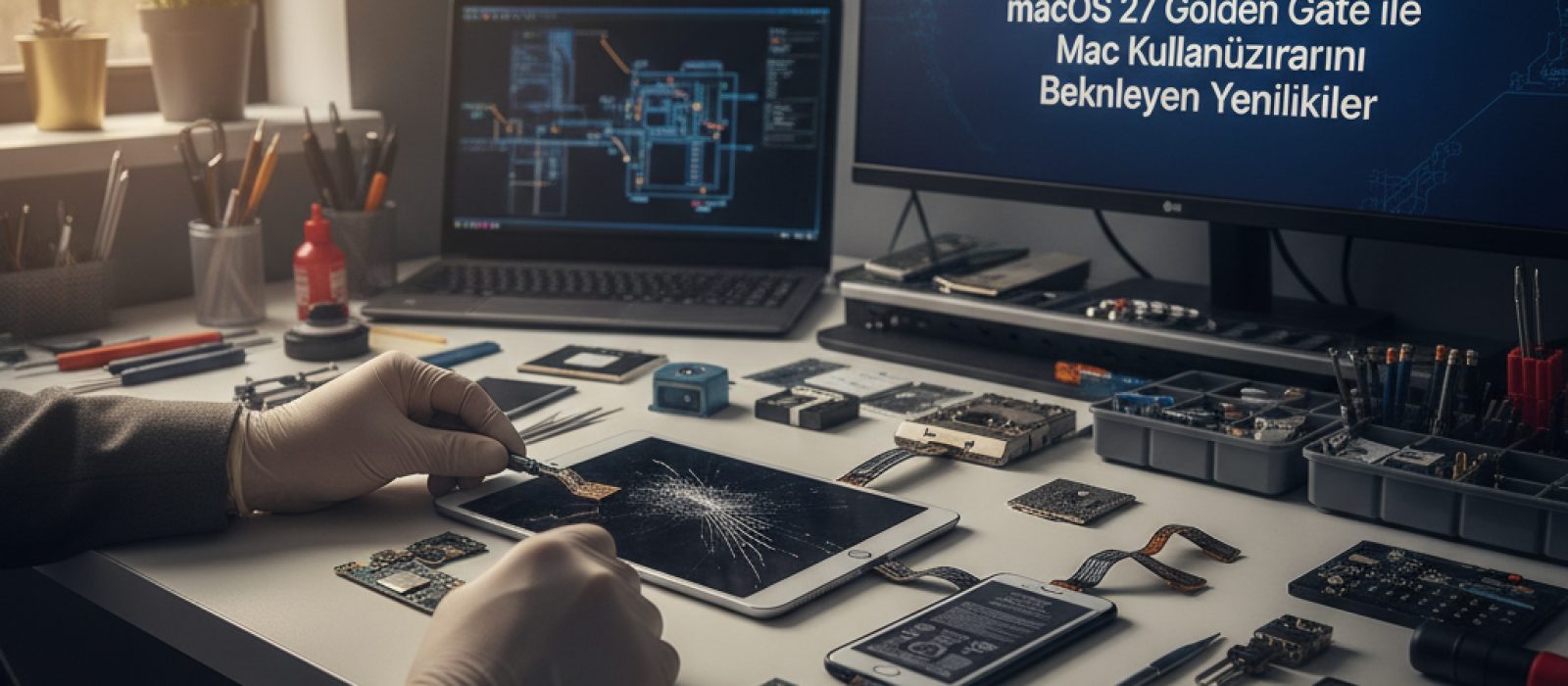 macOS 27 Golden Gate logosu ve arayüz detayları gösteren modern bir Mac ekranı.