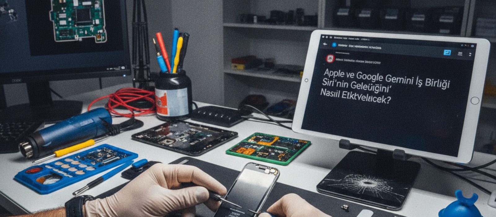 Apple ve Google Gemini logoları, Siri'nin geleceğini temsil eden soyut bir yapay zeka arayüzü ile birleşiyor