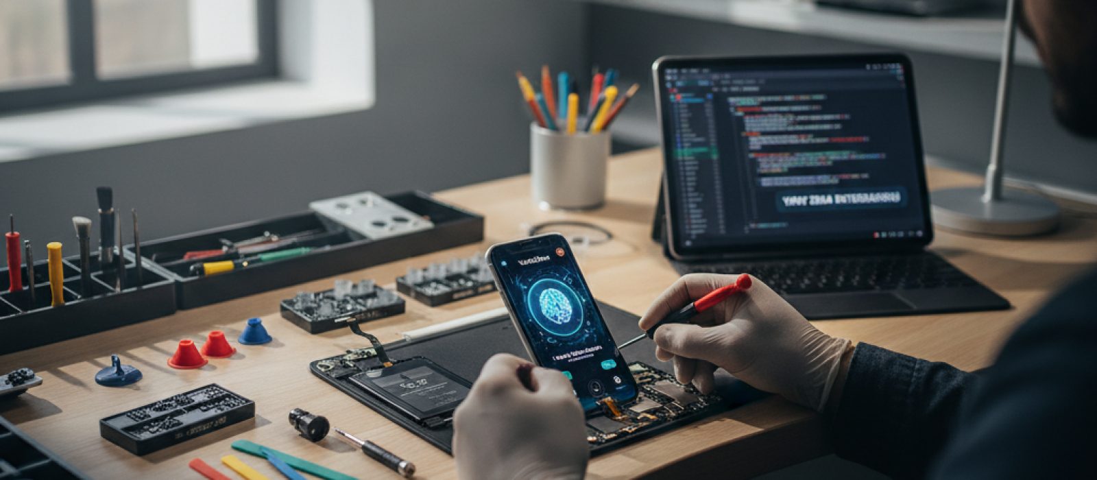 VoiceOver simgesi ve Apple Intelligence logosu bir arada, geleceğin erişilebilirliğini simgeliyor